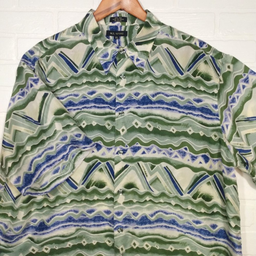 M.E. Sport men's green blue tropical Hawaiian silk short sleeve button shirt